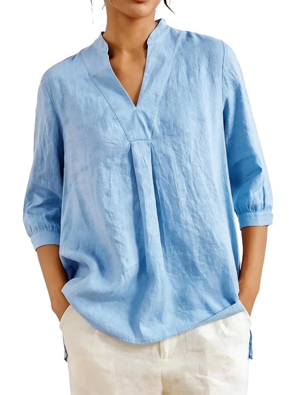 Linen Split Neck Blouse for Women - 3/4 Puff Sleeve Loose Fit Summer Top
